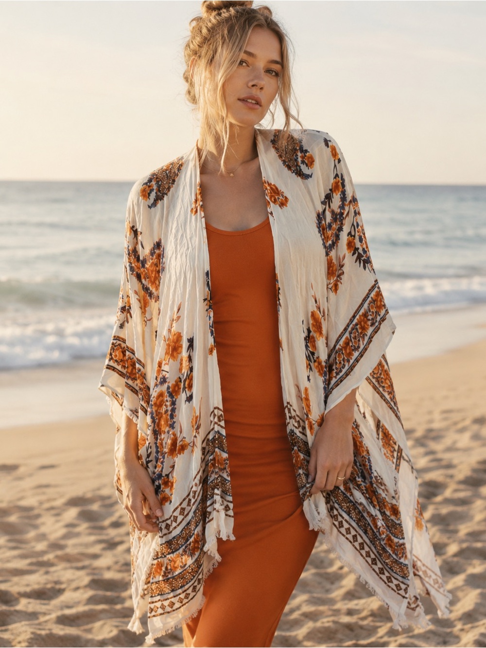 American Eagle Boho Floral Open Front Kimono Cardigan Fringe Hem One Size